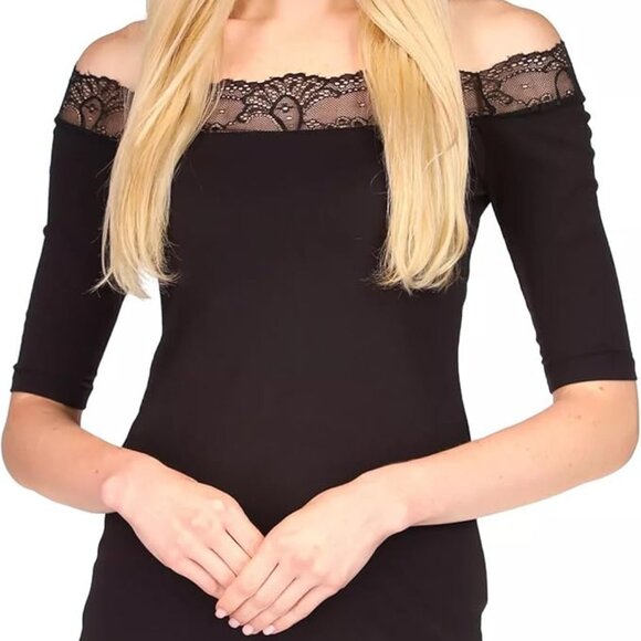 MICHAEL MICHAEL KORS Womens' Black Lace Sheer Short Sleeve Off Shoulder Top XL - Picture 1 of 3